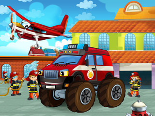 Obraz na płótnie Canvas cartoon scene with fireman car vehicle on the road near the fire station with firemen - illustration for children