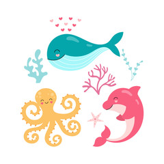 MobileSet of cute underwater animals. Whale, octopus, dolphin, starfish, seaweed isolated on white background. Vector illustration for children.