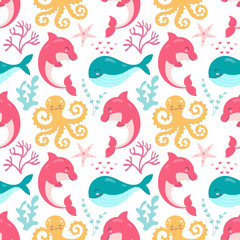 Seamless pattern of cute underwater animals. Whale, octopus, dolphin, starfish, seaweed on a white background. Vector children's print for wrapping, fabric, wallpaper, textile.