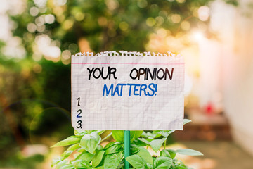 Handwriting text Your Opinion Matters. Conceptual photo show you do not agree with something that just been said Plain empty paper attached to a stick and placed in the green leafy plants