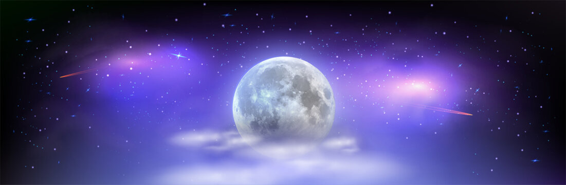 nocni oblohaBeautiful wide picture of space with full moon hidden behind the clouds. Mystical night sky with stars comets and milky way. Vector illustration.