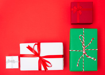 Happy New Year and Christmas 2020 day, top view Xmas multi color gift boxes