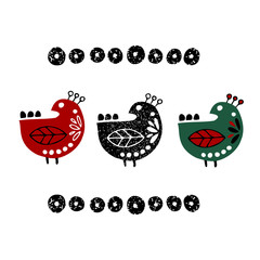 Folk birds set. Paper cut scandinavian style. Flat design. Hand drawn colored vector set. Modern trendy illustration. On a white background