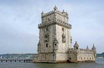 Fototapeta na wymiar View of the Belem Tower (Torre de Belem) – historical attraction of Lisbon, Portugal