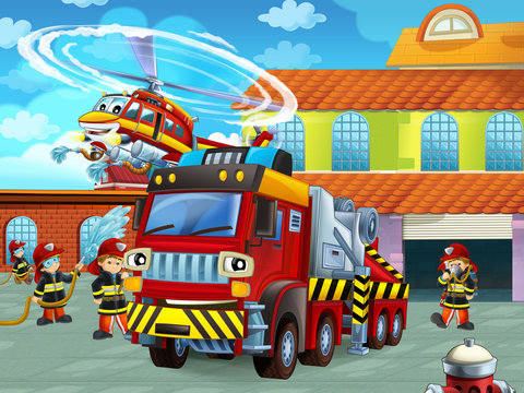 cartoon scene with fireman car vehicle on the road near the fire station with firemen - illustration for children
