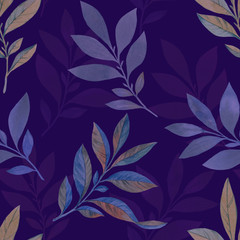 Seamless watercolor pattern. Hand painted leaves of different colors. Elegant leaves art design.  Seamless botanical watercolor exotic floral pattern.
