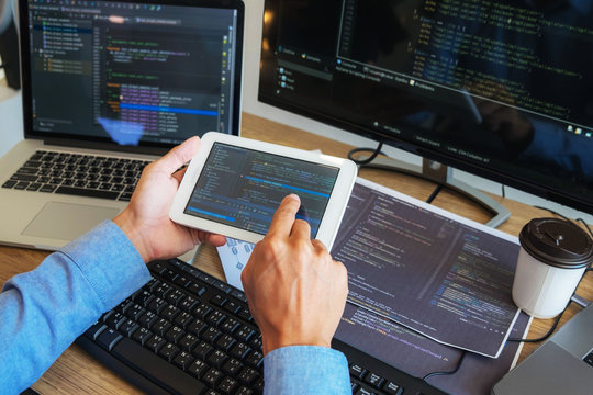 Programmers working in programming Programmer, developer and coding technology Website design, cybersecurity in the cyberspace society