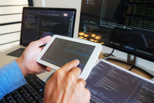 Programmers working in programming Programmer, developer and coding technology Website design, cybersecurity in the cyberspace society