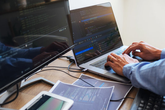 Programmers working in programming Programmer, developer and coding technology Website design, cybersecurity in the cyberspace society