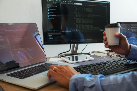 Programmers working in programming Programmer, developer and coding technology Website design, cybersecurity in the cyberspace society
