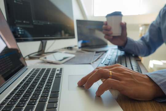 Programmers working in programming Programmer, developer and coding technology Website design, cybersecurity in the cyberspace society