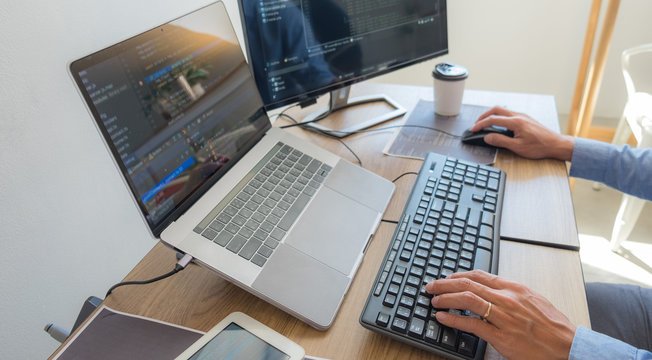 Programmers working in programming Programmer, developer and coding technology Website design, cybersecurity in the cyberspace society