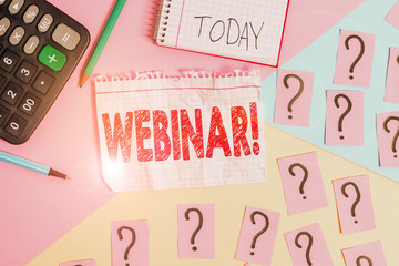 Conceptual hand writing showing Webinar. Concept meaning seminar or other presentation types that takes place on Internet Mathematics stuff and writing equipment on pastel background