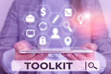 Word writing text Toolkit. Business photo showcasing set of tools kept in a bag or box and used for a particular purpose
