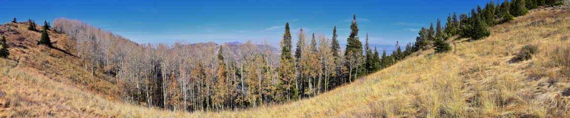 Butterfield canyon hiking path views of the Oquirrh range along the Wasatch Front Rocky Mountains, by Kennecott Rio Tinto Copper mine, Tooele and Salt Lake City fall. Utah, United States.