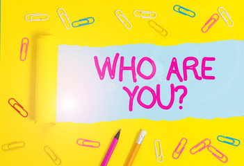 Text sign showing Who Are You Question. Business photo showcasing asking about its identity or...