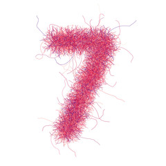 Shaggy font. Hairy number seven 7 on white background. Fluffy character fine detailed. Isolated design element for decoration.