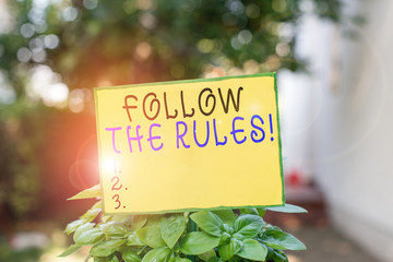 Writing note showing Follow The Rules. Business concept for go with regulations governing conduct...