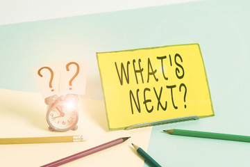 Conceptual hand writing showing What S Next Question. Concept meaning asking demonstrating about...