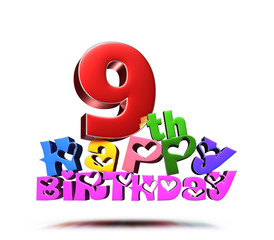 Anniversary Happy Birthday 9 th colorful 3d illustration on white background.(with Clipping Path).