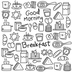 Set of breakfast food doodle vector illustration. Breakfast doodle background 