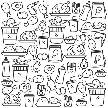Set of fried chicken doodle vector illustration with cute design. Fried chicken doodle background 