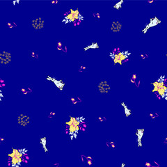 Fototapeta na wymiar Vector dark blue background rabbits bouquets flower garden seamless pattern illustration for birthday, fabric, party, event, decoration, gift wrap, scrapbook project, print, wallpaper, textile design