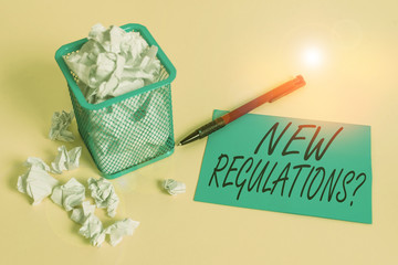 Handwriting text writing New Regulations Question. Conceptual photo rules made government order...