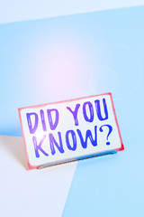 Text sign showing Did You Know Question. Business photo showcasing when you are asking someone if they know fact or event Paper placed tilted above buffer wire on soft pastel multi colours backdrop