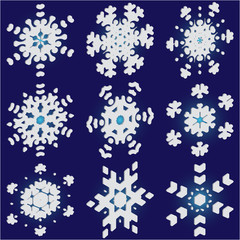 Kit of simple, beautiful snowflakes on blue background.