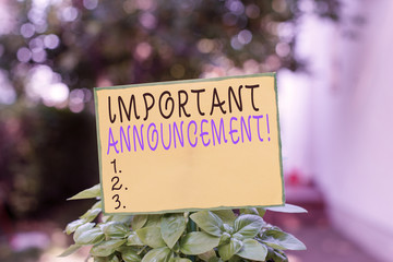 Writing note showing Important Announcement. Business concept for spoken statement that tells showing about something Plain paper attached to stick and placed in the grassy land