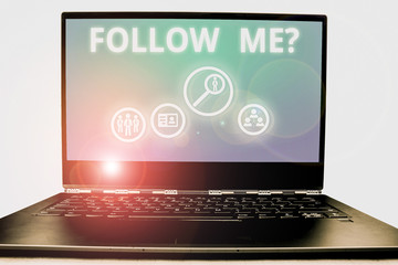 Writing note showing Follow Me Question. Business concept for go or come after demonstrating or...