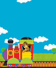 Cartoon funny looking steam train going through the meadow - illustration for children