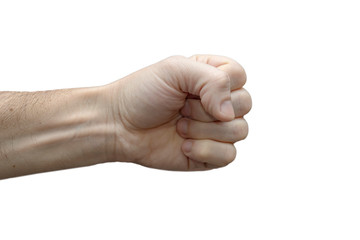 Hand gesture of a white man on a white background, close-up.