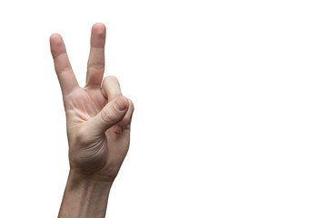 Hand gesture of a white man on a white background, close-up.