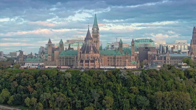 Aerial over Parliament Hill to the Library of Parliament. Ottawa, Ontario, Canada. 11 September 2019