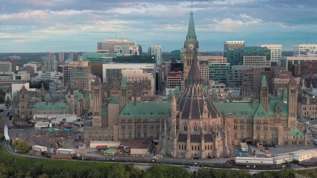 Aerial over Parliament Hill to the Library of Parliament. Ottawa, Ontario, Canada. 11 September 2019