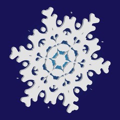 Isolated falling snowflake on blue background.