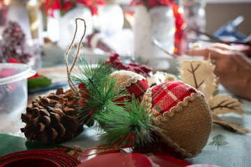 DIY Christmas craft tree ornaments with red plaid and burlap
