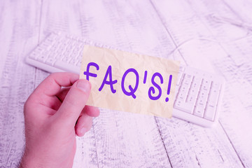 Text sign showing Faq S. Business photo text list of questions and answers relating to particular...