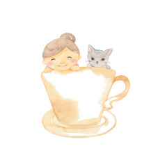 マグカップに入った猫と子ども