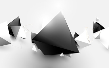 Abstract white and black 3d pyramids chaotic background. Vector illustration