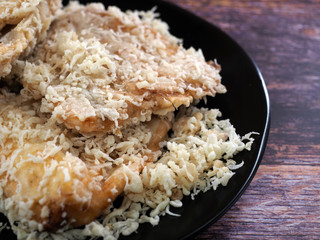 Close up of fried banana. Fried banana (pisang goreng), a popular snack in Malaysia, Singapore, Indonesia and Thailand.