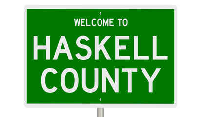 Rendering of a green 3d highway sign for Haskell County