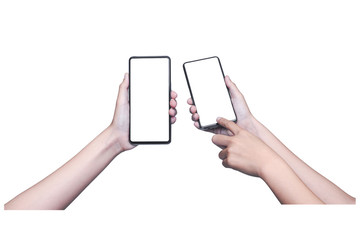 Obraz na płótnie Canvas Woman hand holding modern smartphone display and touch screen mobile phone isolated on white background.