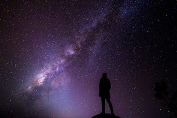 silhouette of man on milky way  background