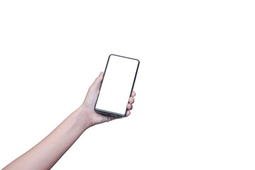 Woman hand holding modern smartphone display and touch screen mobile phone isolated on white background.