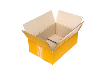 Empty opened old brown small cardboard box for mock up isolated on white.