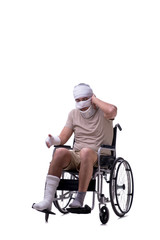 Fototapeta na wymiar Injured man in wheel-chair isolated on white