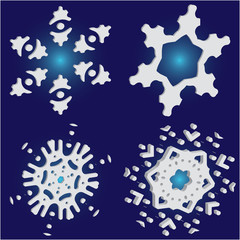 Set of christmas 3d snowflakes on blue background.